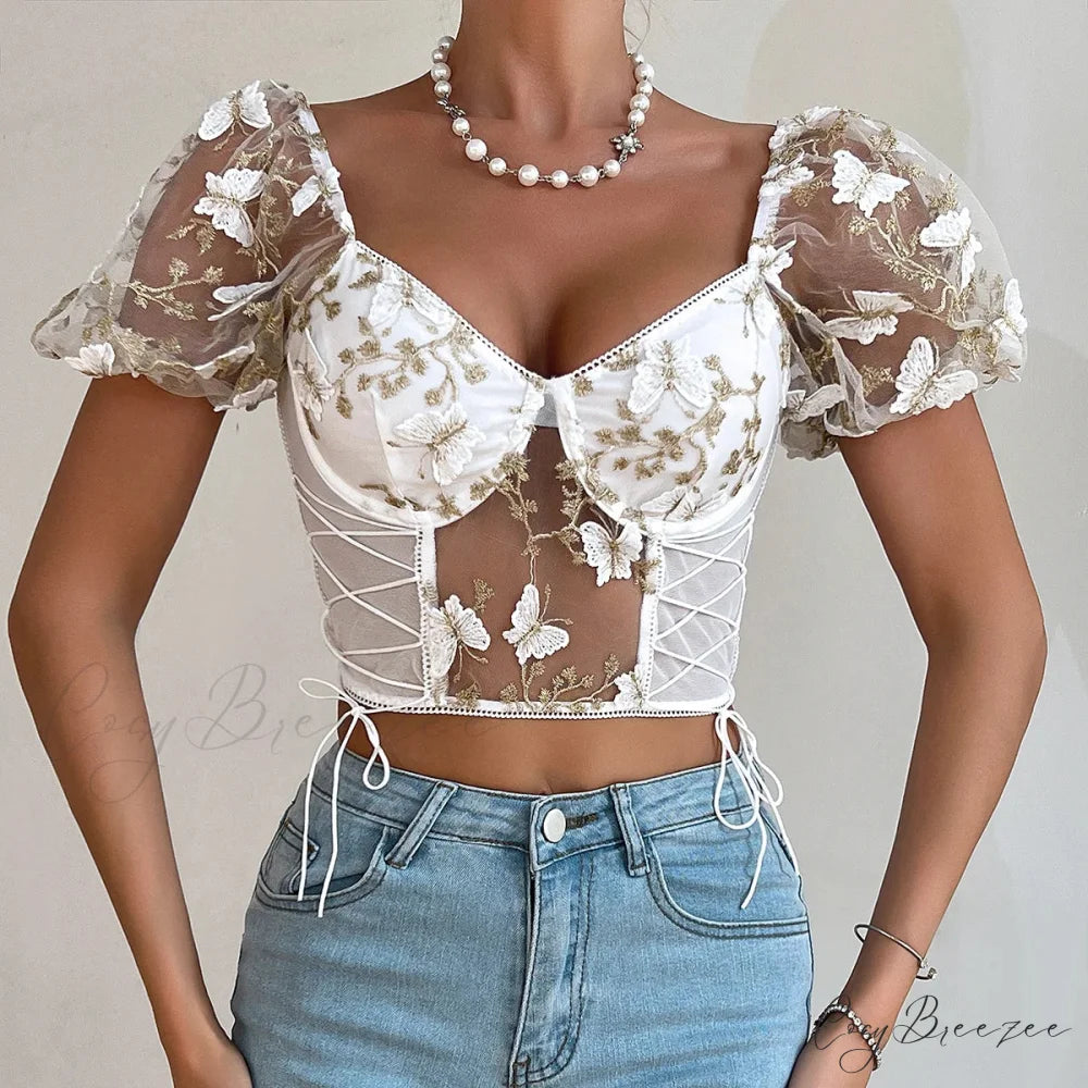 Butterfly Embroidered Mesh Puff Sleeve Lace-up Corset Top white crop top / S croptop-250126