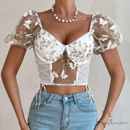 Butterfly Embroidered Mesh Puff Sleeve Lace-up Corset Top white crop top / S croptop-250126