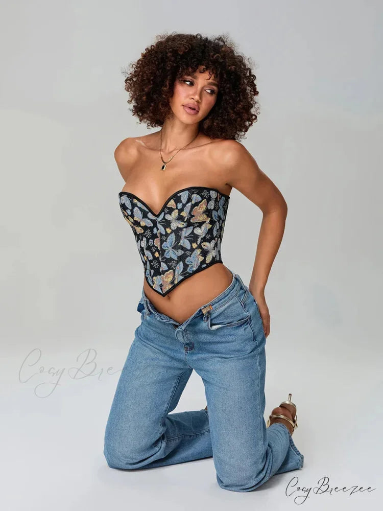 Butterfly Print Strapless Bandage Off-shoulder Corset croptop-250126