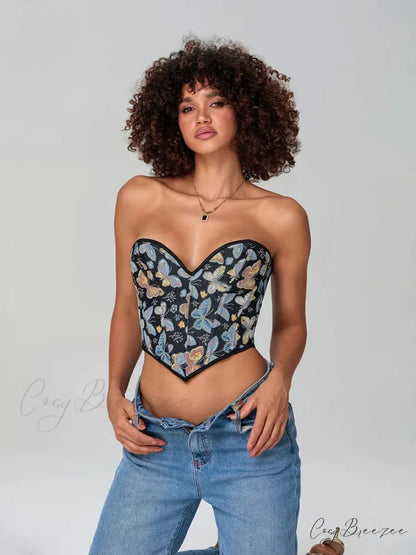 Butterfly Print Strapless Bandage Off-shoulder Corset croptop-250126