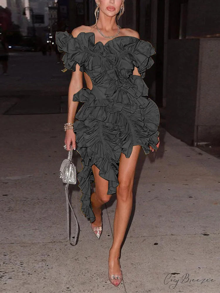 Butterfly Short Sleeve Trendy Bodycon Mini Dress Black / S