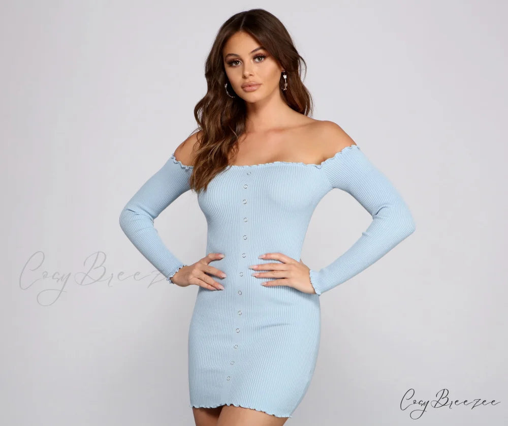 Button Down Chic Charming Ribbed Mini Dress LIGHT BLUE / XS