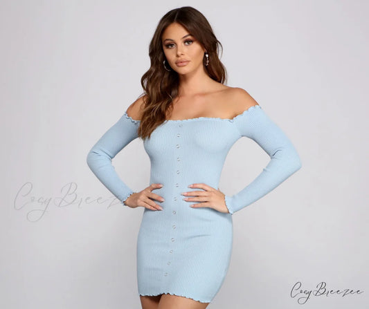 Button Down Chic Charming Ribbed Mini Dress LIGHT BLUE / XS