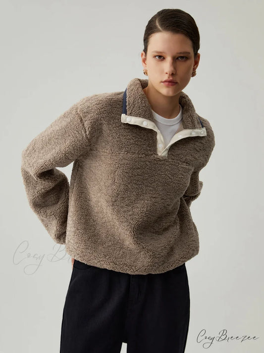 Button Down Collar Trendy Contrast Trim Sherpa Sweater Camel / XS