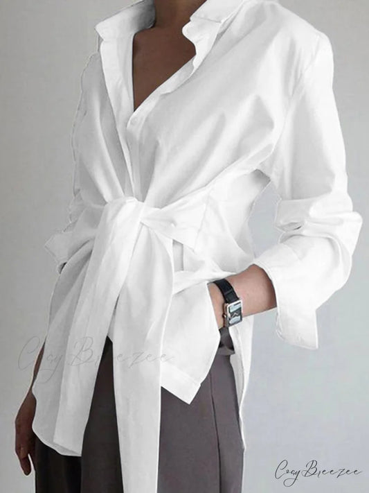 Button Down Graceful Tied Long Shirt White / XS