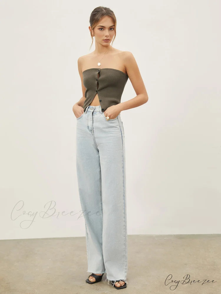 Button Down Knit Trendy Crop Strapeless Tube Top