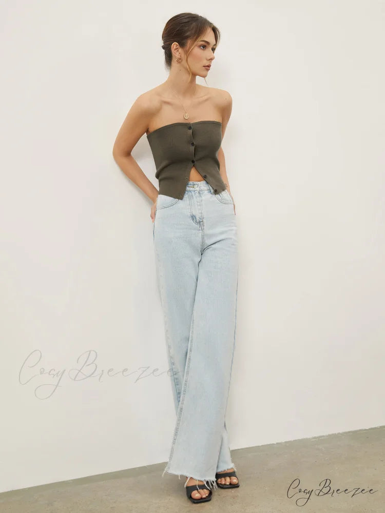 Button Down Knit Trendy Crop Strapeless Tube Top