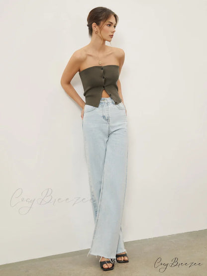 Button Down Knit Trendy Crop Strapeless Tube Top