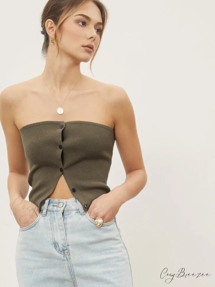 Button Down Knit Trendy Crop Strapeless Tube Top Light Brown / XS