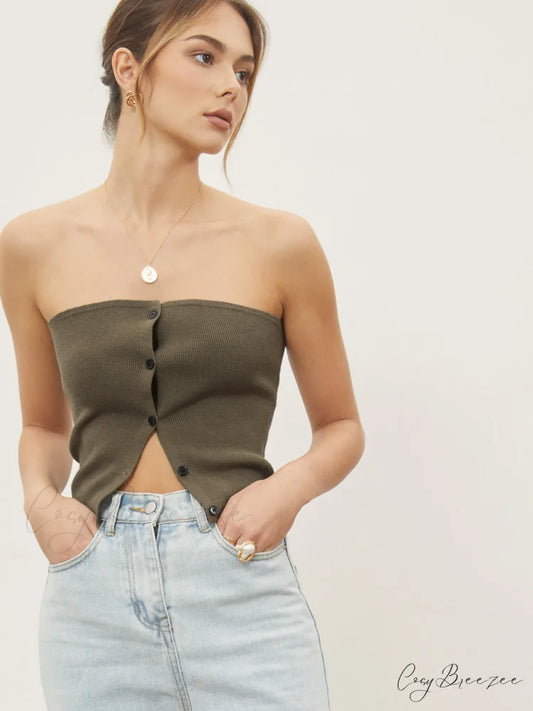 Button Down Knit Trendy Crop Strapeless Tube Top Light Brown / XS