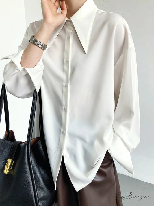 Button Down Long Trendy Sleeve Collar Shirt White / S
