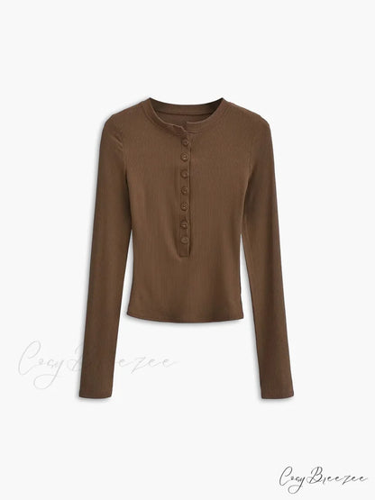 Button Down Long Trendy Sleeve Crop Shirt Dark Brown / XS
