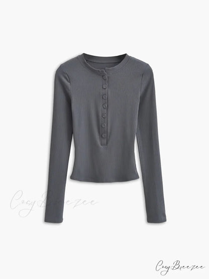 Button Down Long Trendy Sleeve Crop Shirt Grey / XS