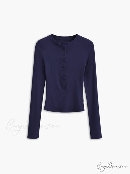 Button Down Long Trendy Sleeve Crop Shirt Navy / XS