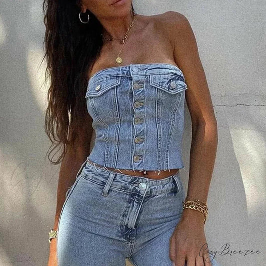 Button-Down Smocked Crop Top sky blue / S croptop-250223