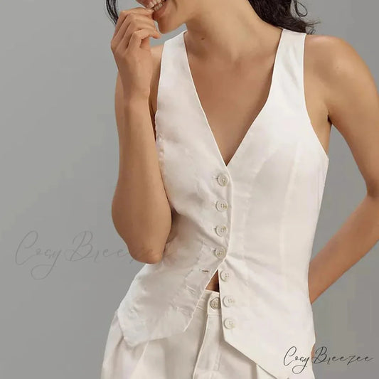 Button-Down Waistcoat Crop Top WHITE / S croptop-250223