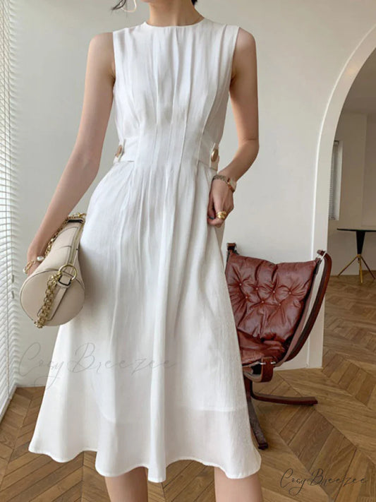 Button Embellished Long Trendy Sleeve Midi Dress White / S