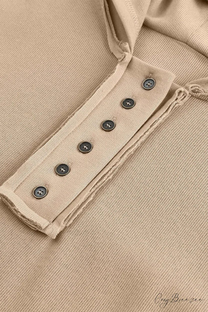 Button Khaki Solid Trim Casual Patchwork Hoodie