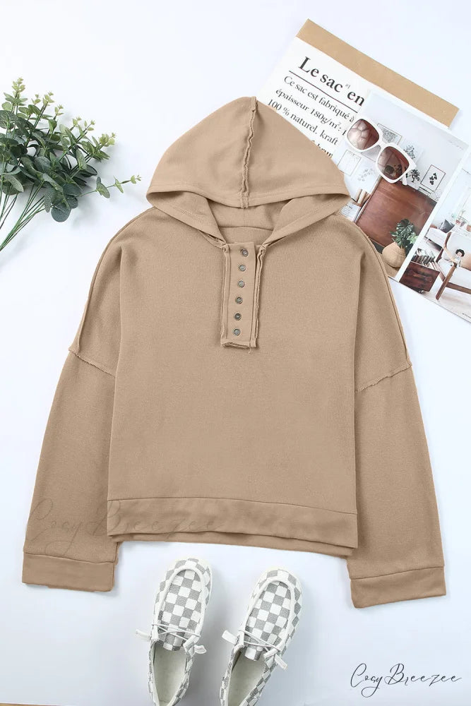 Button Khaki Solid Trim Casual Patchwork Hoodie