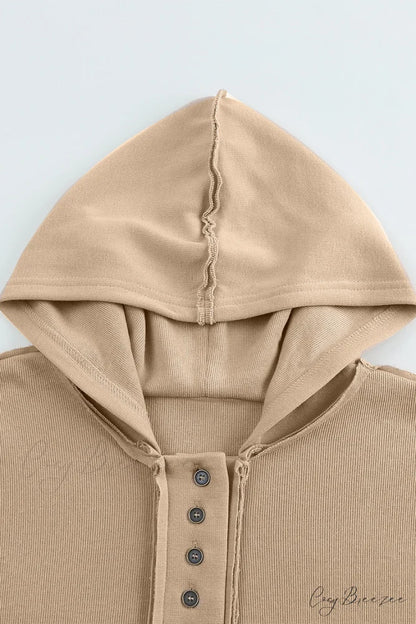 Button Khaki Solid Trim Casual Patchwork Hoodie
