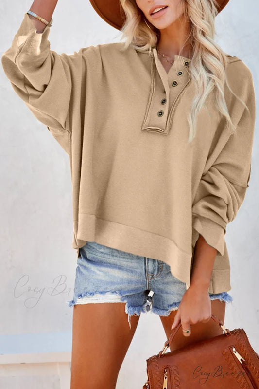 Button Khaki Solid Trim Casual Patchwork Hoodie Khaki / S / 56% Cotton + 44% Polyester