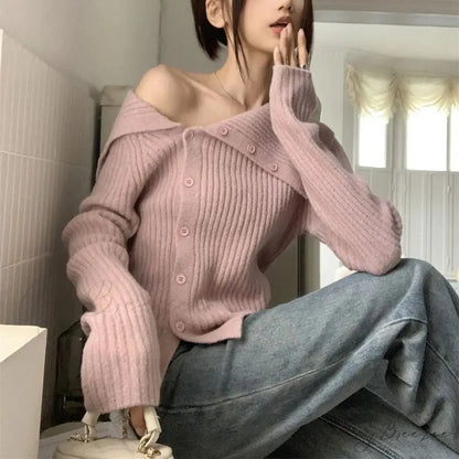 Button Off Shoulder Ash Sweater swraters-241228