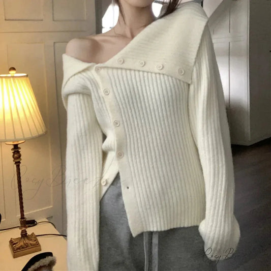 Button Off Shoulder Ash Sweater swraters-241228