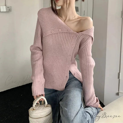Button Off Shoulder Ash Sweater swraters-241228