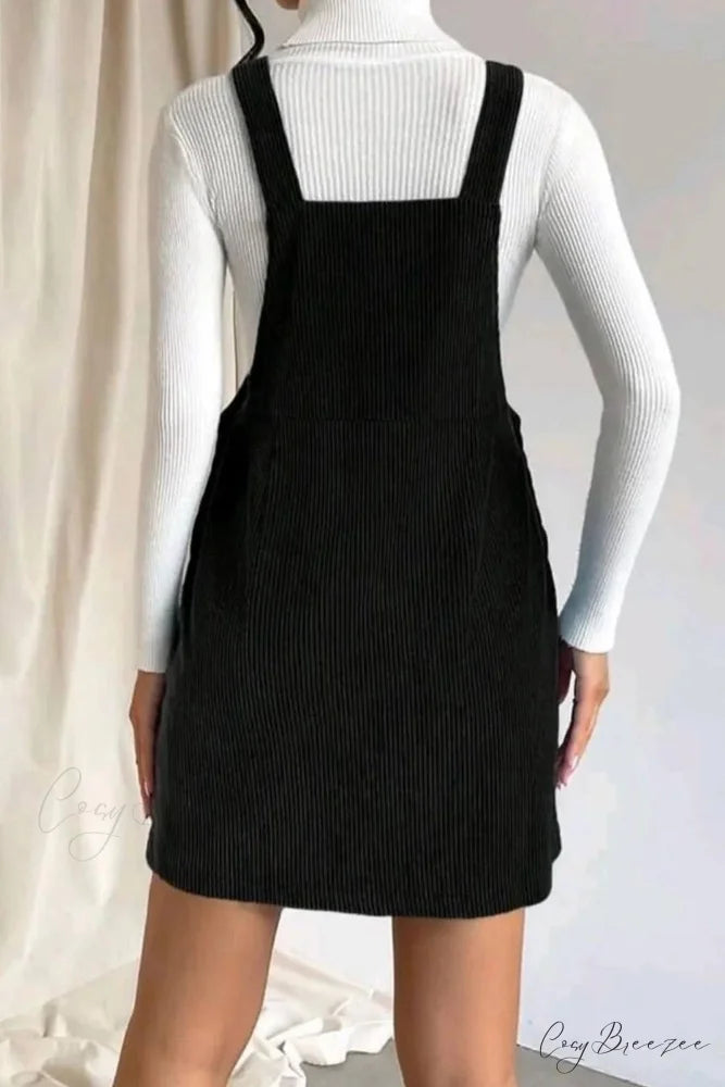 Button Strap Corduroy Dress Black / S