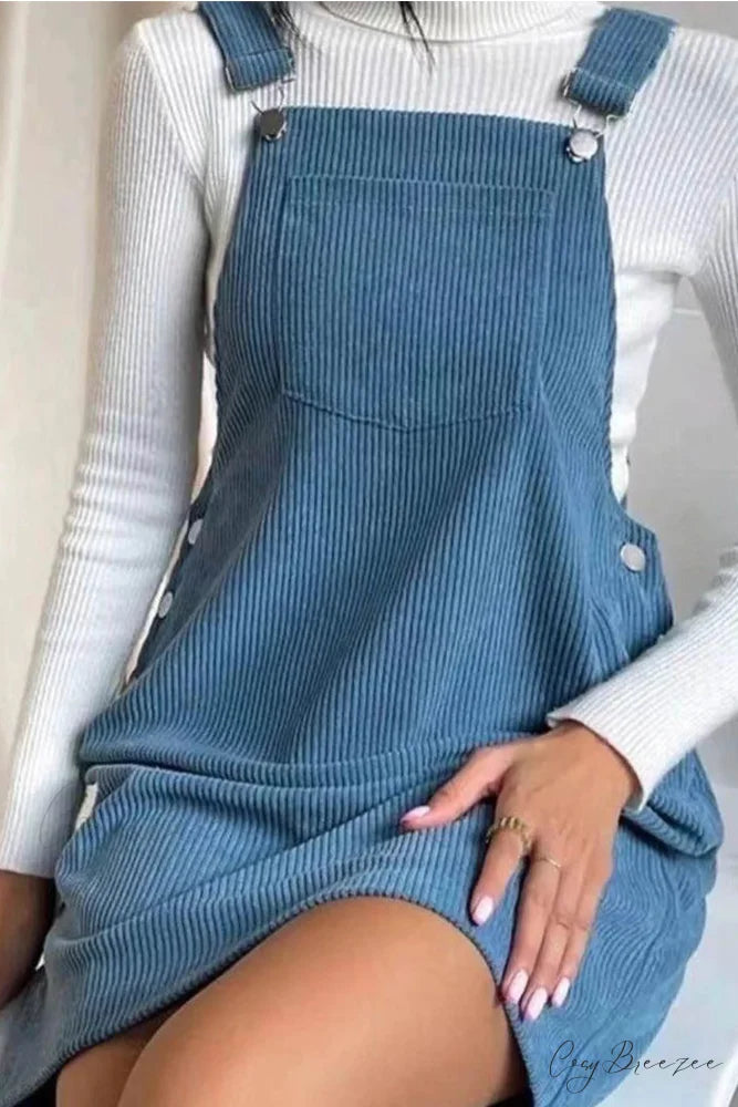 Button Strap Corduroy Dress Blue / S