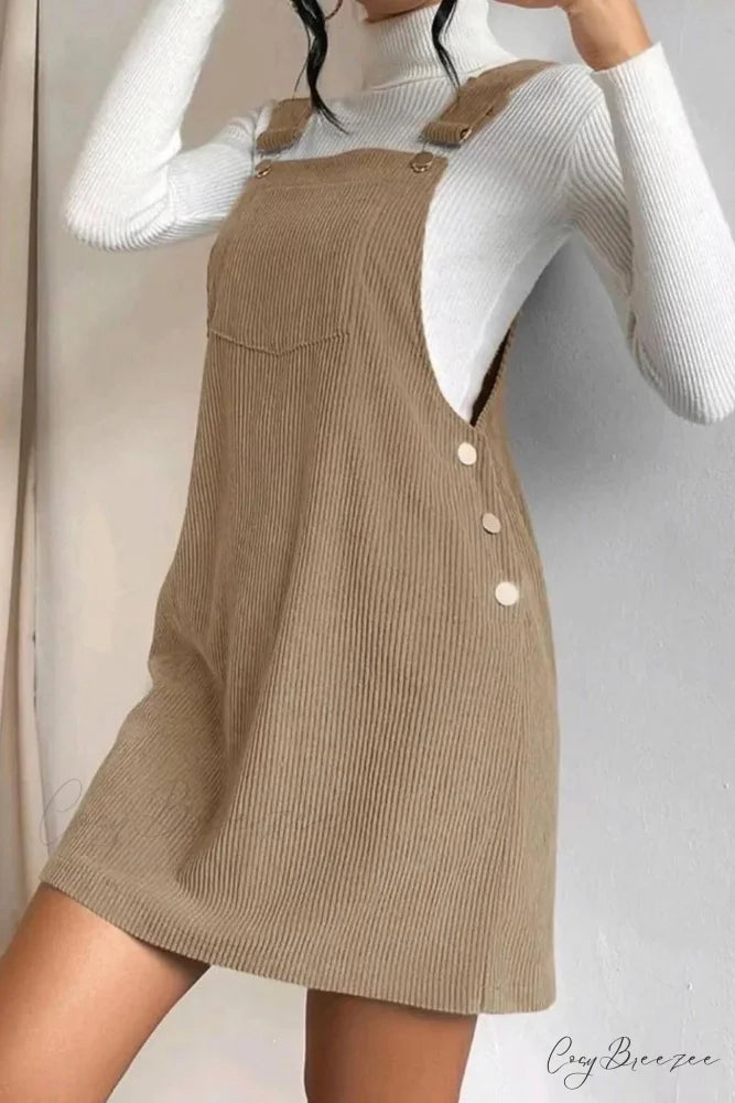 Button Strap Corduroy Dress Khaki / S