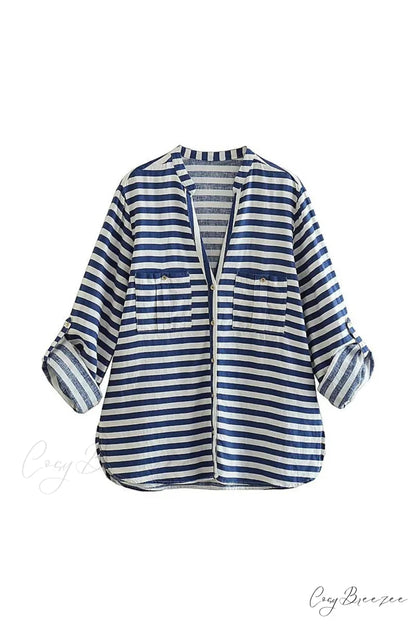 Button-Up Arm Pocket V-neck Roll-up Top Blue Striped / XS