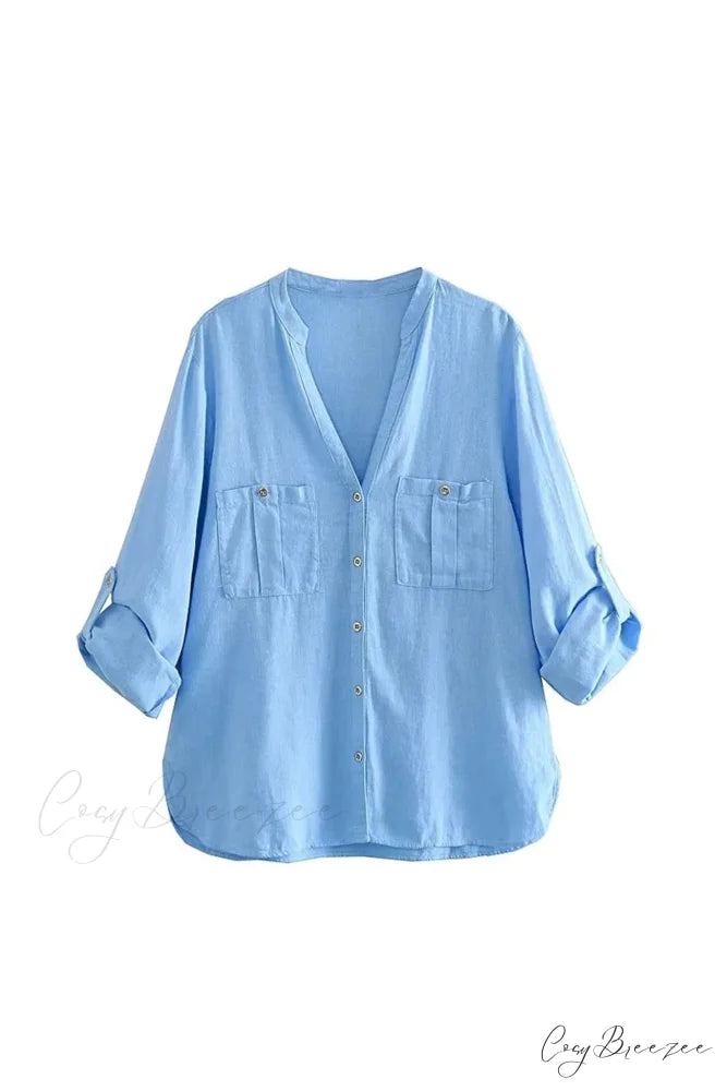 Button-Up Arm Pocket V-neck Roll-up Top Blue / XS