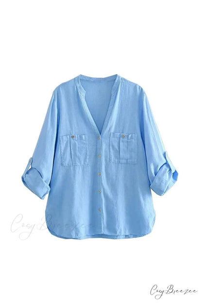Button-Up Arm Pocket V-neck Roll-up Top Blue / XS