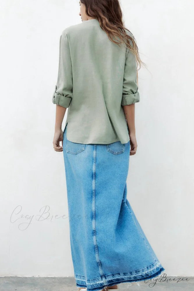 Button-Up Arm Pocket V-neck Roll-up Top Green / L