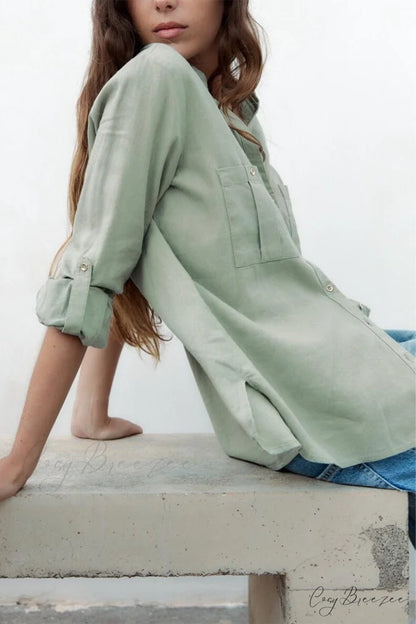 Button-Up Arm Pocket V-neck Roll-up Top Green / M