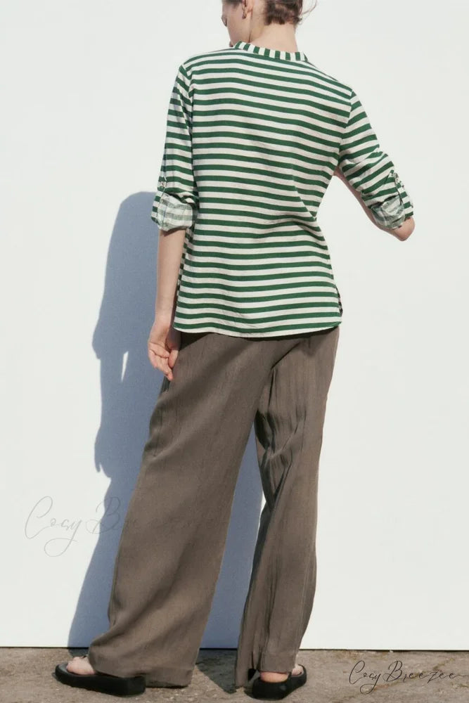 Button-Up Arm Pocket V-neck Roll-up Top Green Striped / L