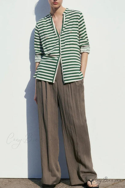Button-Up Arm Pocket V-neck Roll-up Top Green Striped / M