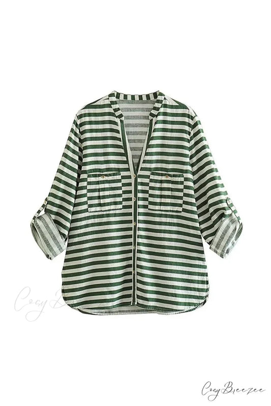 Button-Up Arm Pocket V-neck Roll-up Top Green Striped / XS