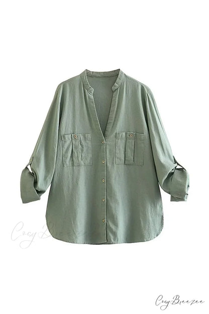 Button-Up Arm Pocket V-neck Roll-up Top Green / XS