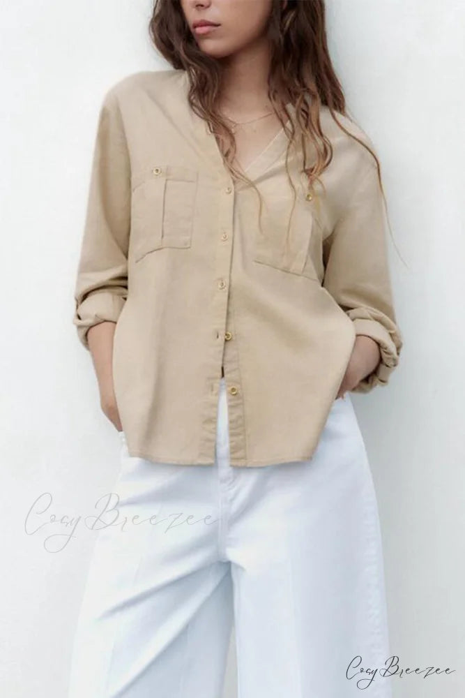 Button-Up Arm Pocket V-neck Roll-up Top Khaki / M