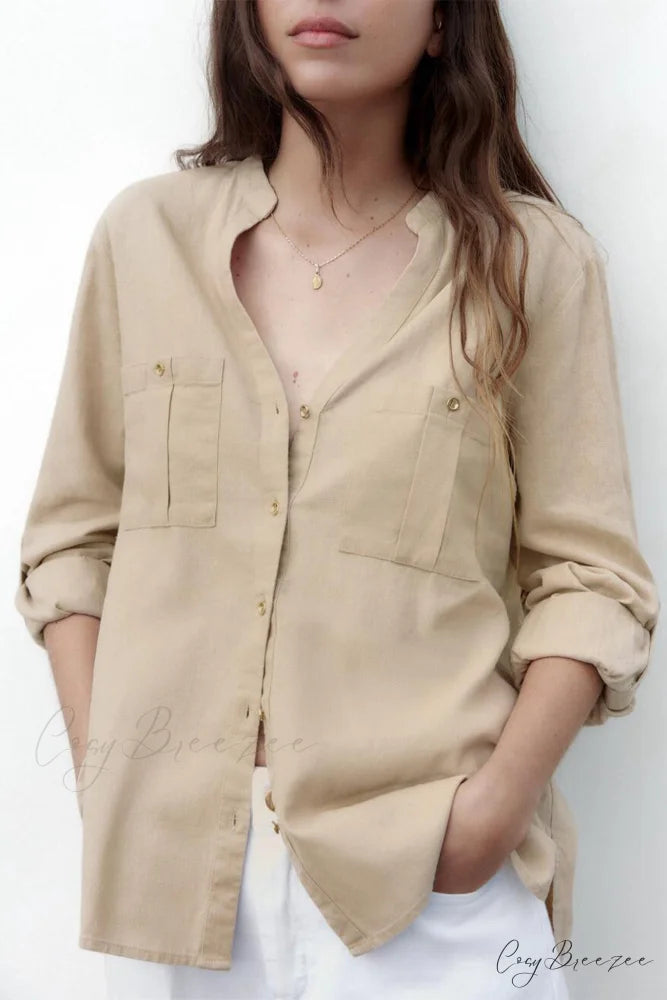 Button-Up Arm Pocket V-neck Roll-up Top Khaki / S