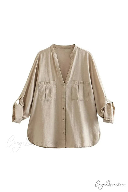 Button-Up Arm Pocket V-neck Roll-up Top Khaki / XS