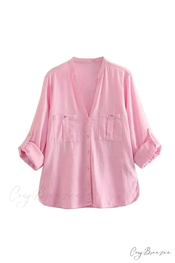 Button-Up Arm Pocket V-neck Roll-up Top Pink / XS