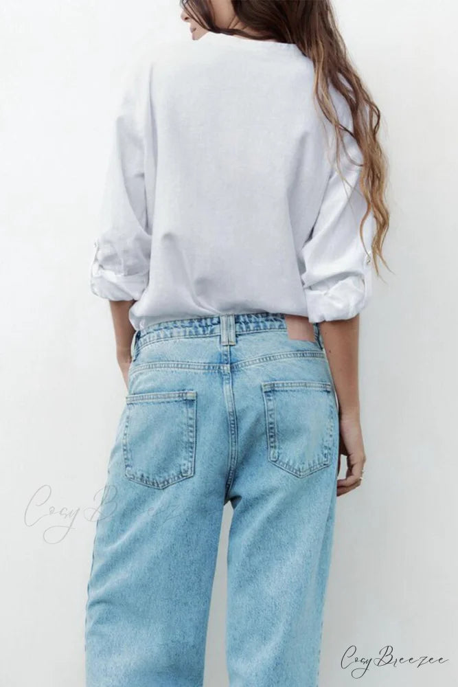 Button-Up Arm Pocket V-neck Roll-up Top White / L