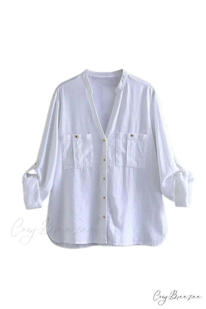 Button-Up Arm Pocket V-neck Roll-up Top White / XS