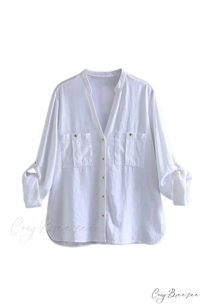 Button-Up Arm Pocket V-neck Roll-up Top White / XS