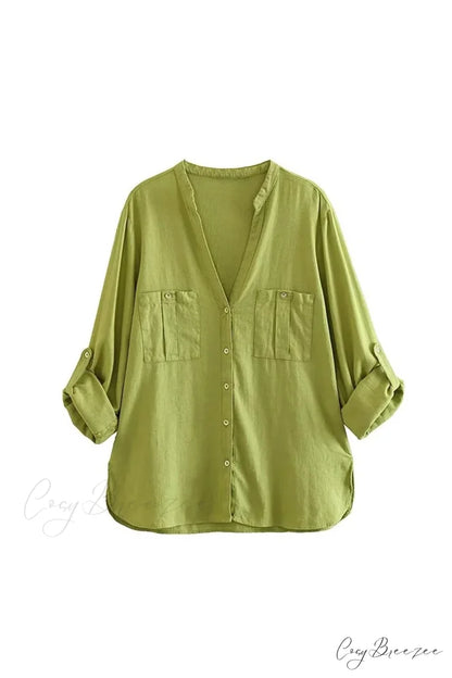 Button-Up Arm Pocket V-neck Roll-up Top Yellow-green / XS
