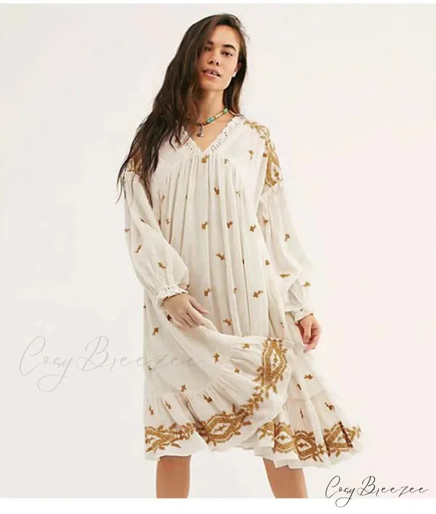 Button Up Black Embroidery Vintage Cotton Boho Dress bohodress-250126