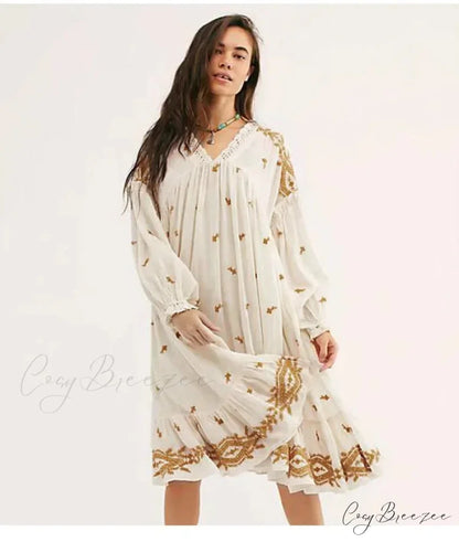 Button Up Black Embroidery Vintage Cotton Boho Dress bohodress-250126